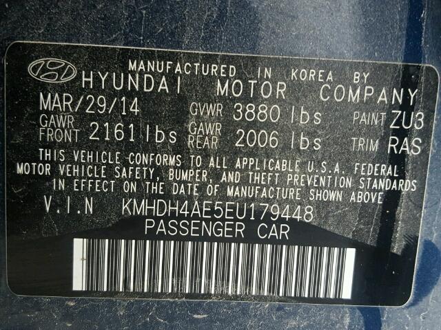 KMHDH4AE5EU179448 - 2014 HYUNDAI ELANTRA SE BLUE photo 10