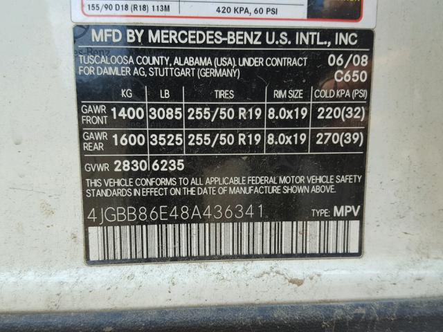 4JGBB86E48A436341 - 2008 MERCEDES-BENZ ML 350 WHITE photo 10