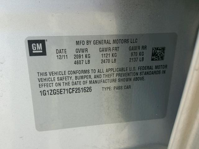 1G1ZG5E71CF251626 - 2012 CHEVROLET MALIBU LTZ 银色 照片 10