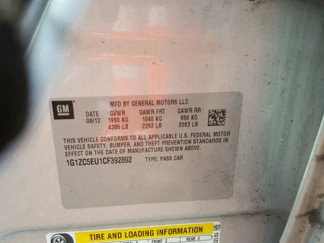 1G1ZC5EU1CF392892 - 2012 CHEVROLET MALIBU 1LT SILVER photo 10