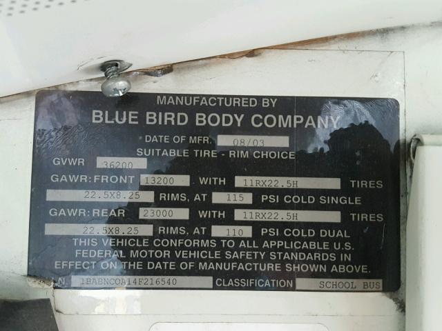 1BABNC0A14F216540 - 2004 BLUE BIRD SCHOOL BUS YELLOW photo 10