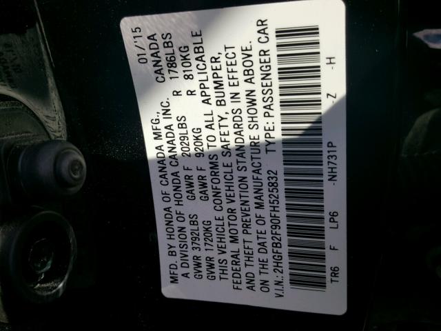 2HGFB2F90FH525832 - 2015 HONDA CIVIC EXL 黑色 照片 10