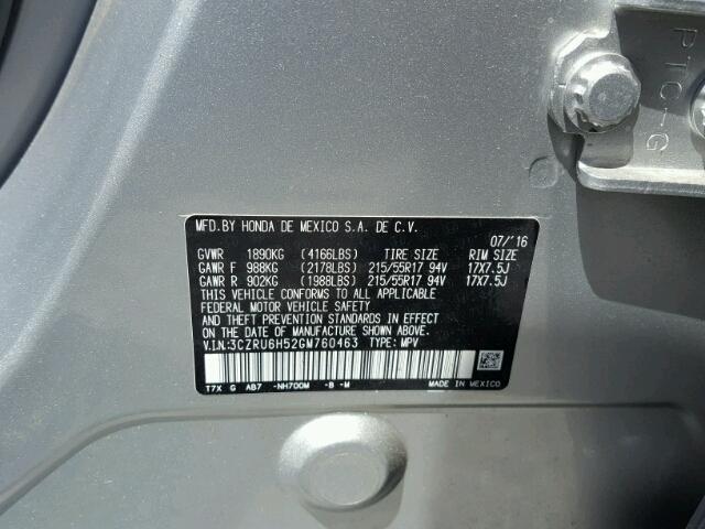 3CZRU6H52GM760463 - 2016 HONDA HR-V EX SILVER photo 10