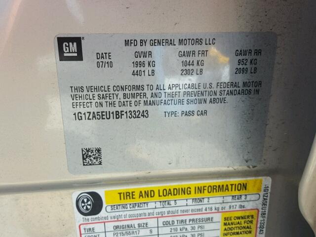 1G1ZA5EU1BF133243 - 2011 CHEVROLET MALIBU LS BEIGE photo 10