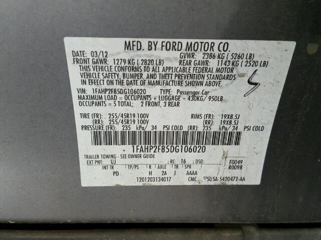 1FAHP2F85DG106020 - 2013 FORD TAURUS LIM CHARCOAL photo 10