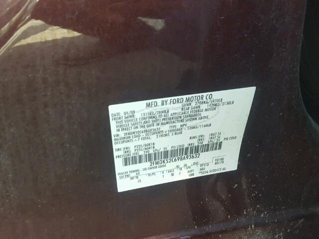 2FMDK52C69BA93632 - 2009 FORD FLEX SEL მუქწითელი ფოტო 10