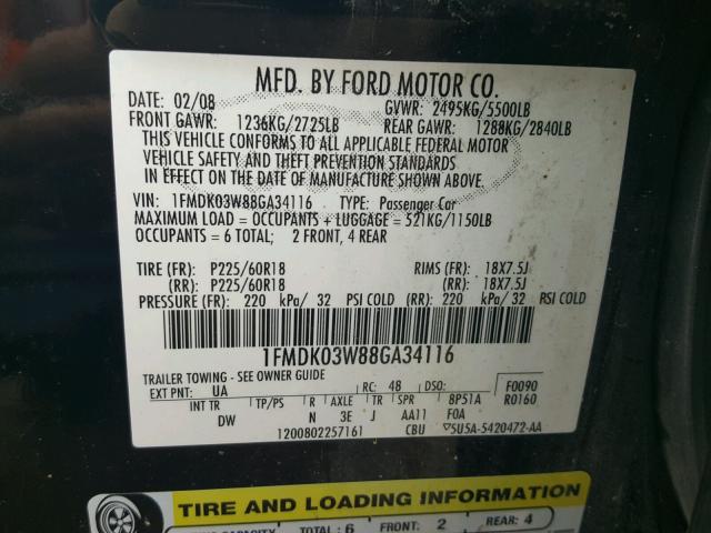 1FMDK03W88GA34116 - 2008 FORD TAURUS X L BLACK photo 10