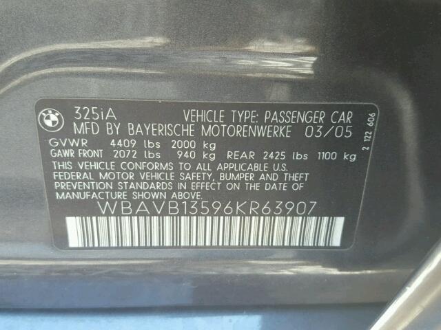 WBAVB13596KR63907 - 2006 BMW 325 I GRAY photo 10