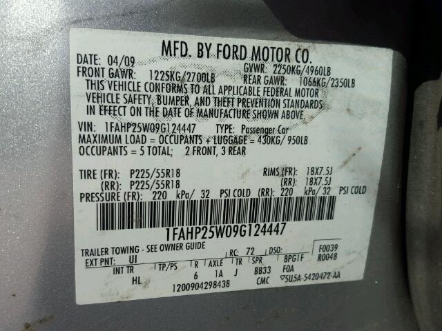 1FAHP25W09G124447 - 2009 FORD TAURUS LIM SILVER photo 10