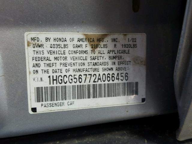 1HGCG56772A066456 - 2002 HONDA ACCORD SE SILVER photo 10