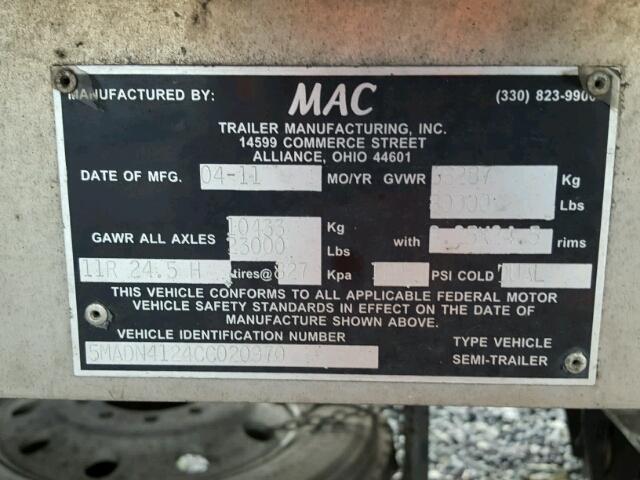 5MADN4124CC020970 - 2012 MAC TRAILER SILVER photo 10