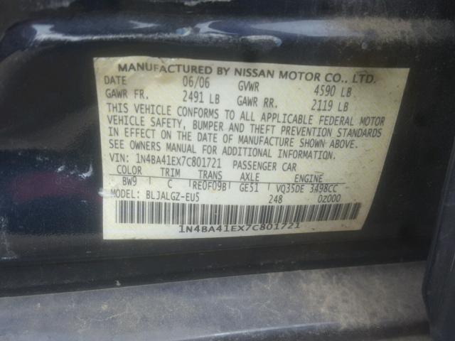 1N4BA41EX7C801721 - 2007 NISSAN MAXIMA SE BLUE photo 10