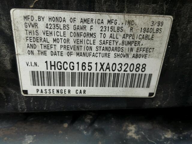 1HGCG1651XA032088 - 1999 HONDA ACCORD EX GREEN photo 10