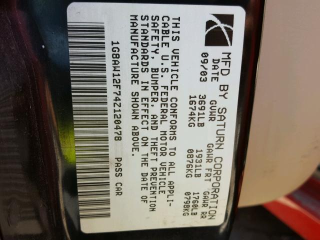 1G8AW12F74Z120478 - 2004 SATURN ION LEVEL RED photo 10