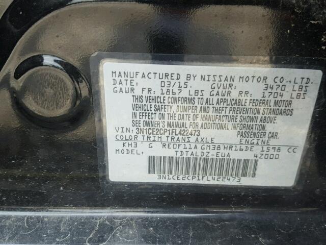 3N1CE2CP1FL422473 - 2015 NISSAN VERSA NO S BLACK photo 10