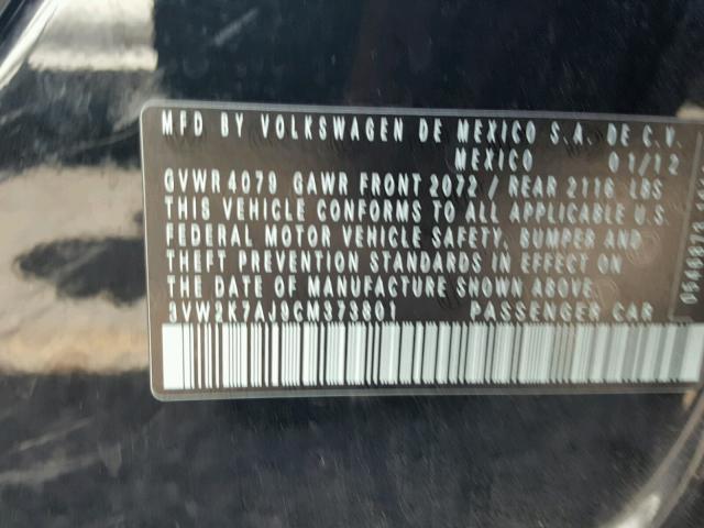 3VW2K7AJ9CM373801 - 2012 VOLKSWAGEN JETTA BASE Սև լուսանկար 10