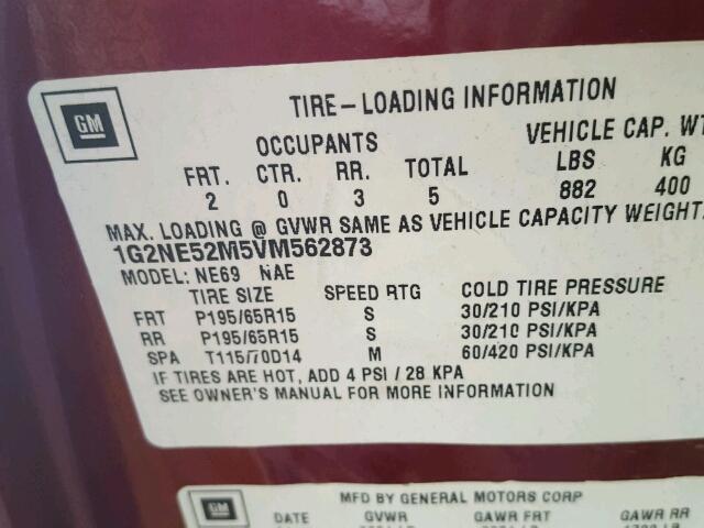 1G2NE52M5VM562873 - 1997 PONTIAC GRAND AM S MAROON photo 10