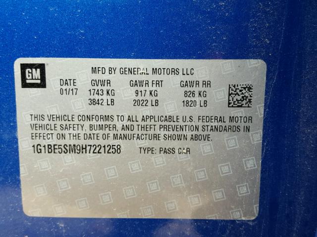 1G1BE5SM9H7221258 - 2017 CHEVROLET CRUZE LT BLUE photo 10