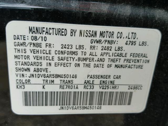 JN1DV6AR5BM450146 - 2011 INFINITI G25 BLACK photo 10