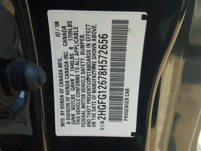 2HGFG12678H572656 - 2008 HONDA CIVIC LX BLACK photo 10