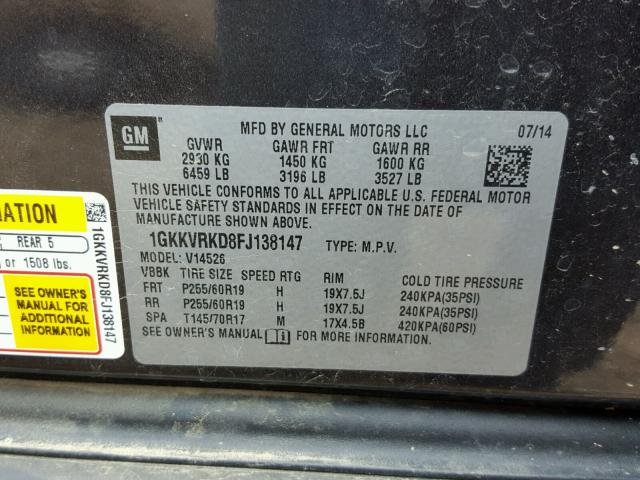 1GKKVRKD8FJ138147 - 2015 GMC ACADIA SLT ნაცრისფერი ფოტო 10