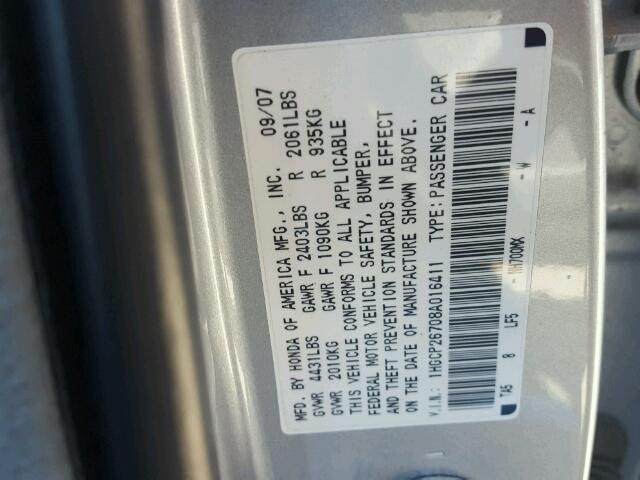 1HGCP26708A016411 - 2008 HONDA ACCORD SILVER photo 10