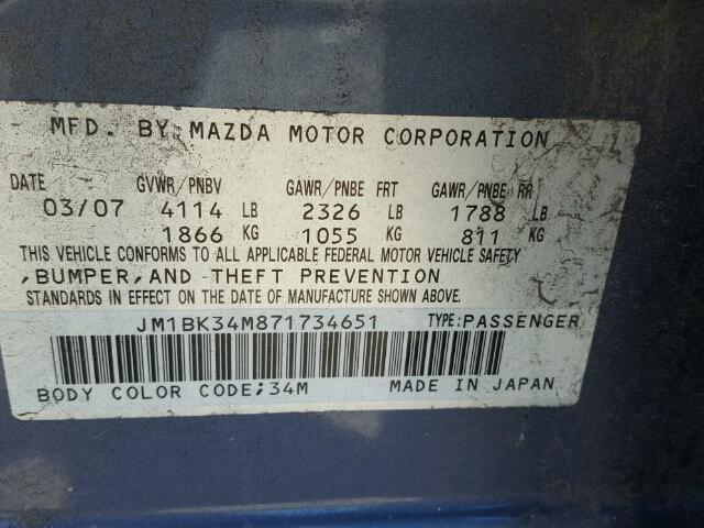 JM1BK34M871734651 - 2007 MAZDA SPEED 3 蓝色 照片 10