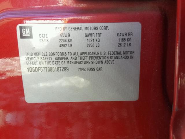 1G6DF577080187299 - 2008 CADILLAC CTS RED photo 10