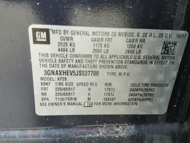 3GNAXHEV5JS537788 - 2018 CHEVROLET EQUINOX LS BLUE photo 10