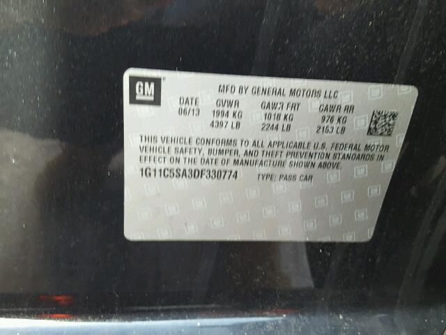 1G11C5SA3DF330774 - 2013 CHEVROLET MALIBU 1LT შავი ფოტო 10