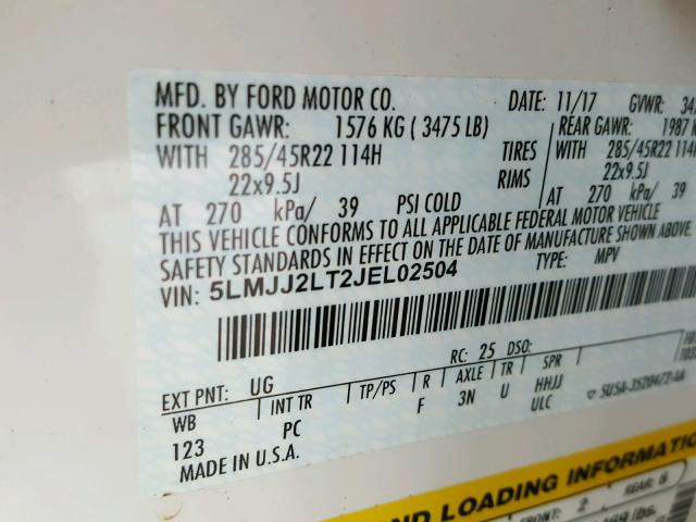 5LMJJ2LT2JEL02504 - 2018 LINCOLN NAVIGATOR WHITE photo 10