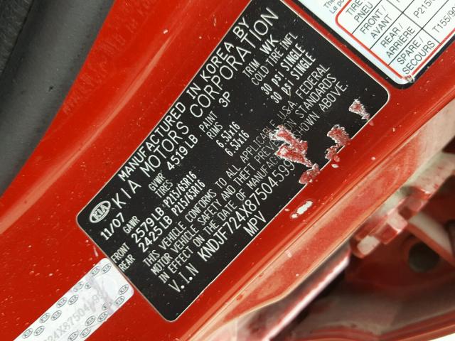 KNDJF724X87504599 - 2008 KIA SPORTAGE L RED photo 10