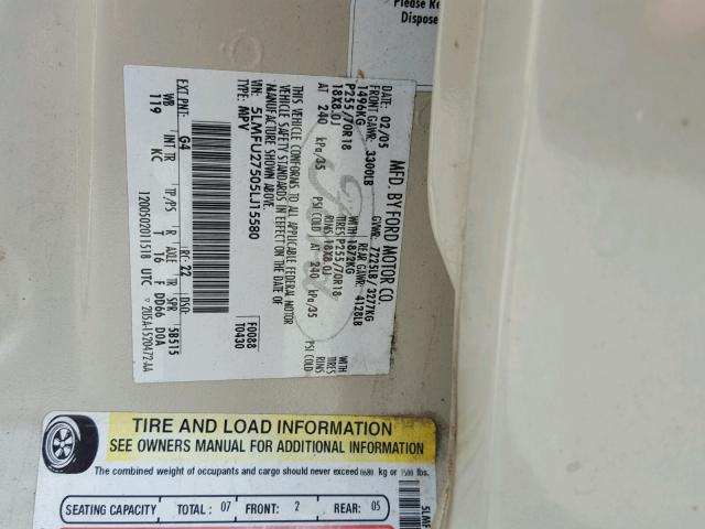 5LMFU27505LJ15580 - 2005 LINCOLN NAVIGATOR ბეჟი ფოტო 10