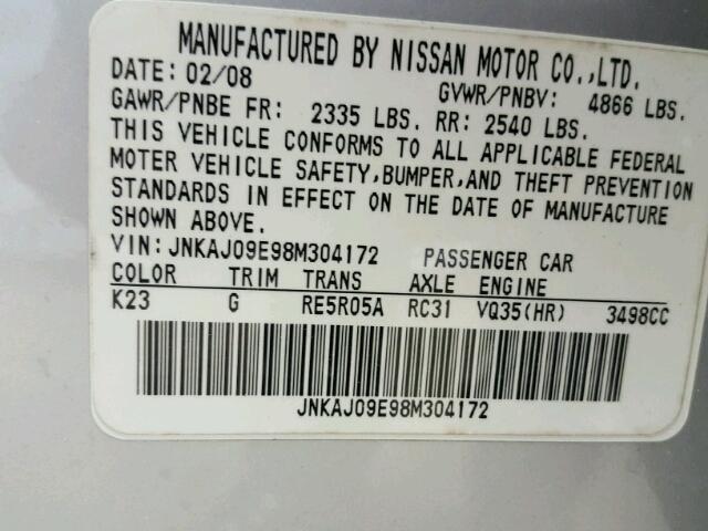 JNKAJ09E98M304172 - 2008 INFINITI EX35 BASE SILVER photo 10