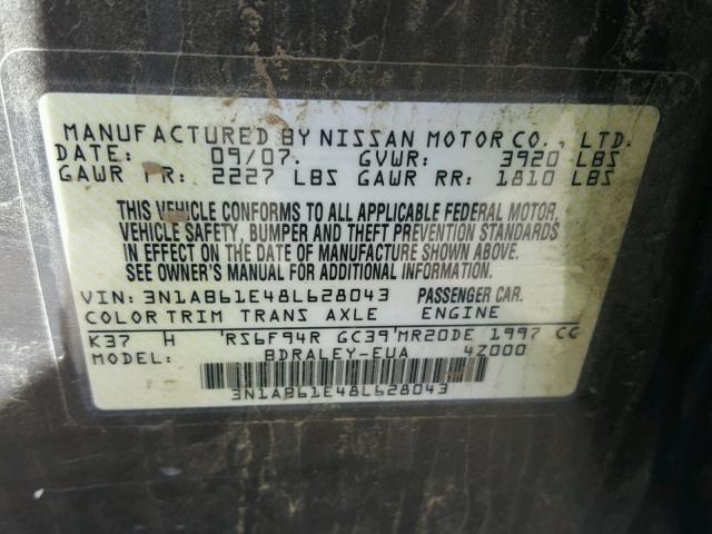 3N1AB61E48L628043 - 2008 NISSAN SENTRA 2.0 CHARCOAL photo 10