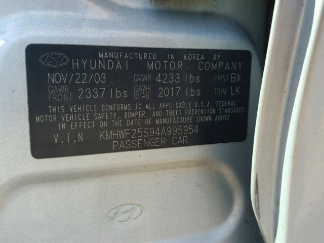 KMHWF25S94A995954 - 2004 HYUNDAI SONATA GL SILVER photo 10