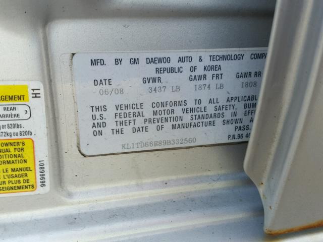 KL1TD66E89B332560 - 2009 CHEVROLET AVEO LS SILVER photo 10