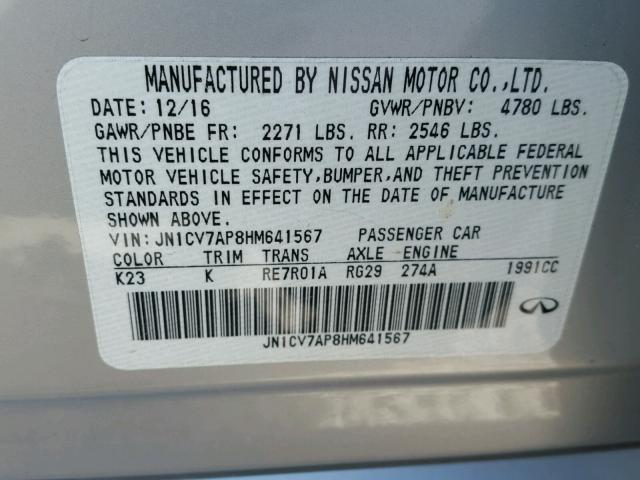 JN1CV7AP8HM641567 - 2017 INFINITI Q50 BASE Plata foto 10