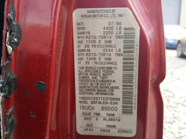 1N6SD16S7TC370986 - 1996 NISSAN TRUCK KING RED photo 10