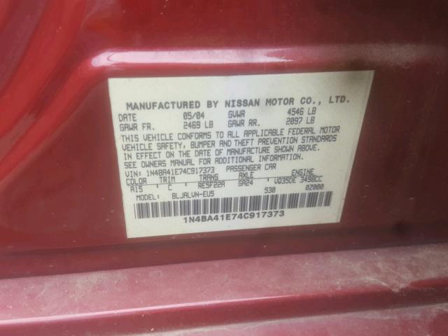 1N4BA41E74C917373 - 2004 NISSAN MAXIMA SE RED photo 10