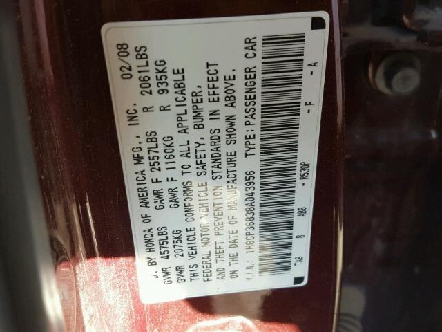 1HGCP36838A043956 - 2008 HONDA ACCORD EXL BURGUNDY photo 10