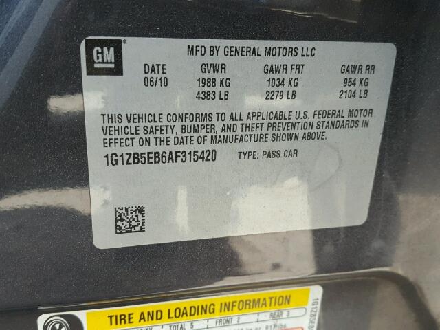 1G1ZB5EB6AF315420 - 2010 CHEVROLET MALIBU LS GRAY photo 10