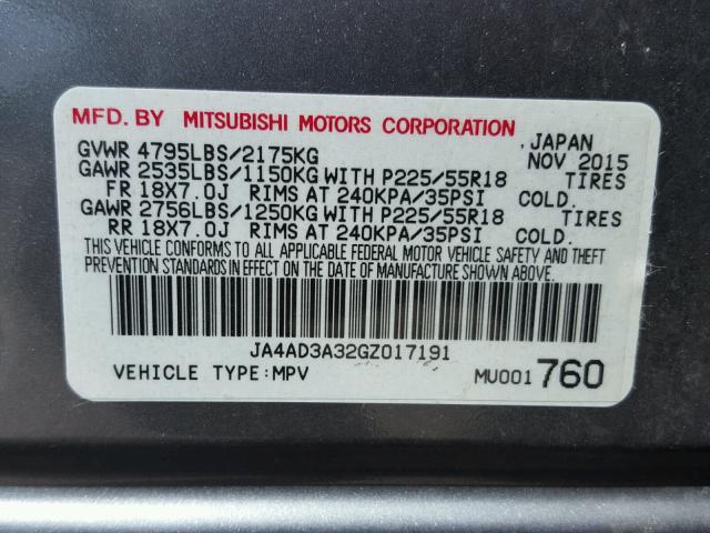 JA4AD3A32GZ017191 - 2016 MITSUBISHI OUTLANDER GRAY photo 10