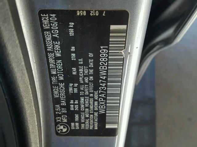 WBXPA73474WB28991 - 2004 BMW X3 2.5I SILVER photo 10