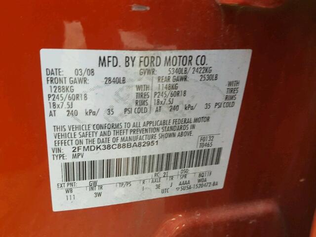 2FMDK38C88BA82951 - 2008 FORD EDGE SEL ORANGE photo 10