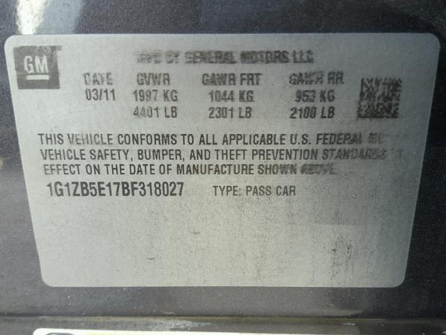 1G1ZB5E17BF318027 - 2011 CHEVROLET MALIBU LS გრაფიტი ფოტო 10