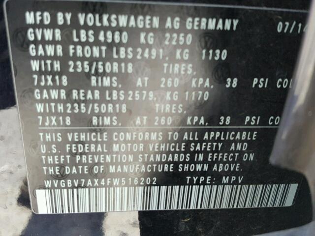 WVGBV7AX4FW516202 - 2015 VOLKSWAGEN TIGUAN BLACK photo 10