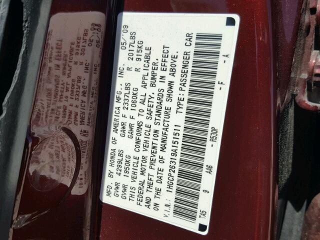 1HGCP26319A151511 - 2009 HONDA ACCORD LX MAROON photo 10