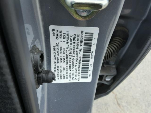 2HGFC1F74GH645236 - 2016 HONDA CIVIC EXL SILVER photo 10