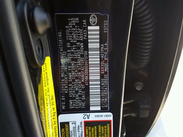 4T1BK3DB0CU473700 - 2012 TOYOTA AVALON BAS BLACK photo 10